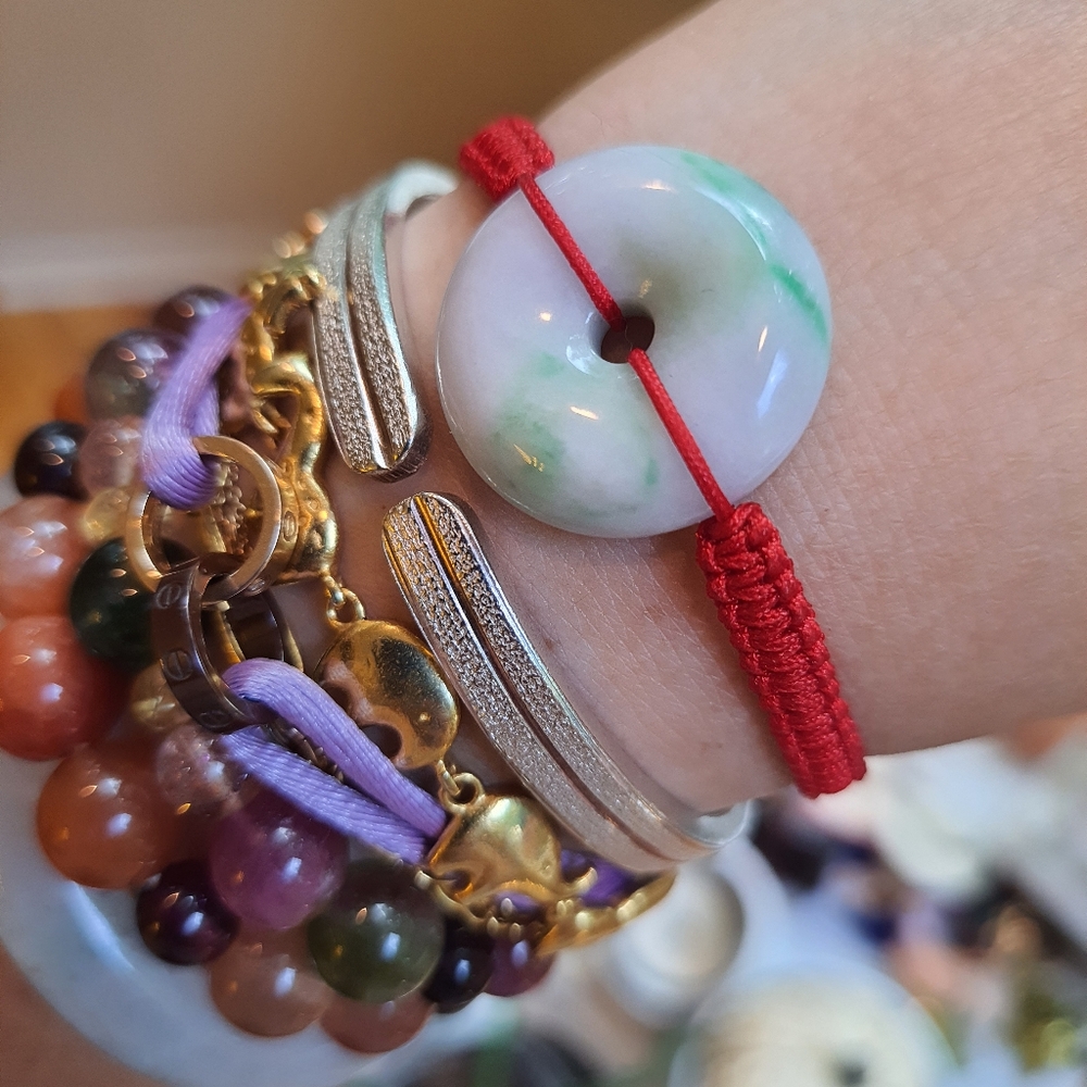 Natural Burmese Jadeite Donut Charm Red String Bracelet - Picture 7 of 8